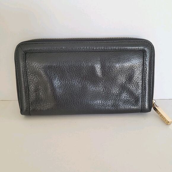 Tory Burch Solid Black Pebble Leather Zip Around Large Wallet Long Clutch Logo - Picture 2 of 9
